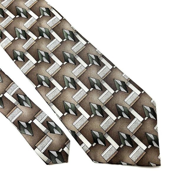 Pierre Cardin Silk Tie Brown Green Print‎ Geometric Wide - Picture 1 of 6